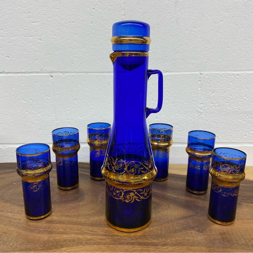 Bohemian Cobalt Blue Glass Decanter Set with Glasses Gold Designs